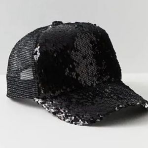 Free People Be The Difference Black Sequin Trucker Baseball Cap Hat OS NWOT $38